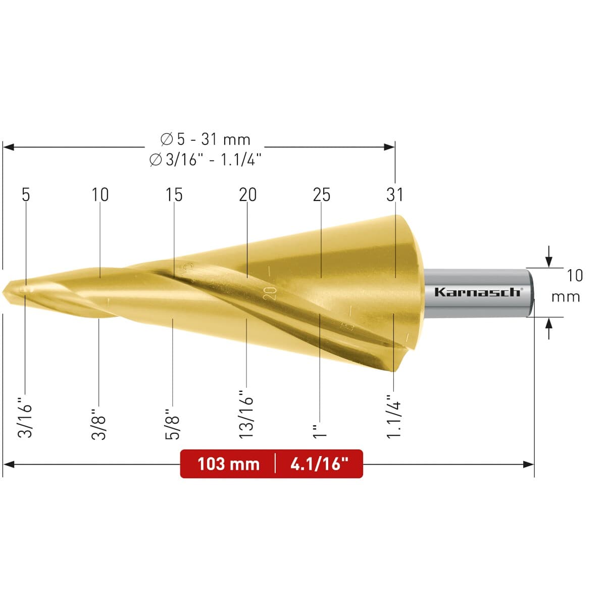 Коническое сверло Karnasch с покрытием TiN-GOLD ⌀5-31 мм двухзаходное 20.1473
