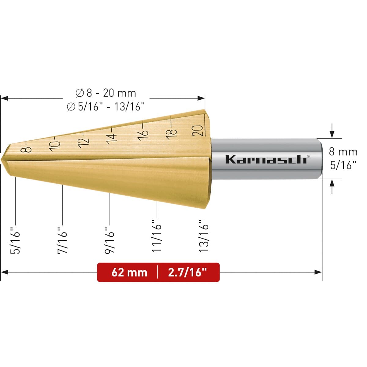 Коническое сверло Karnasch с покрытием TiN-GOLD ⌀8-20 мм двухзаходное 21.0037