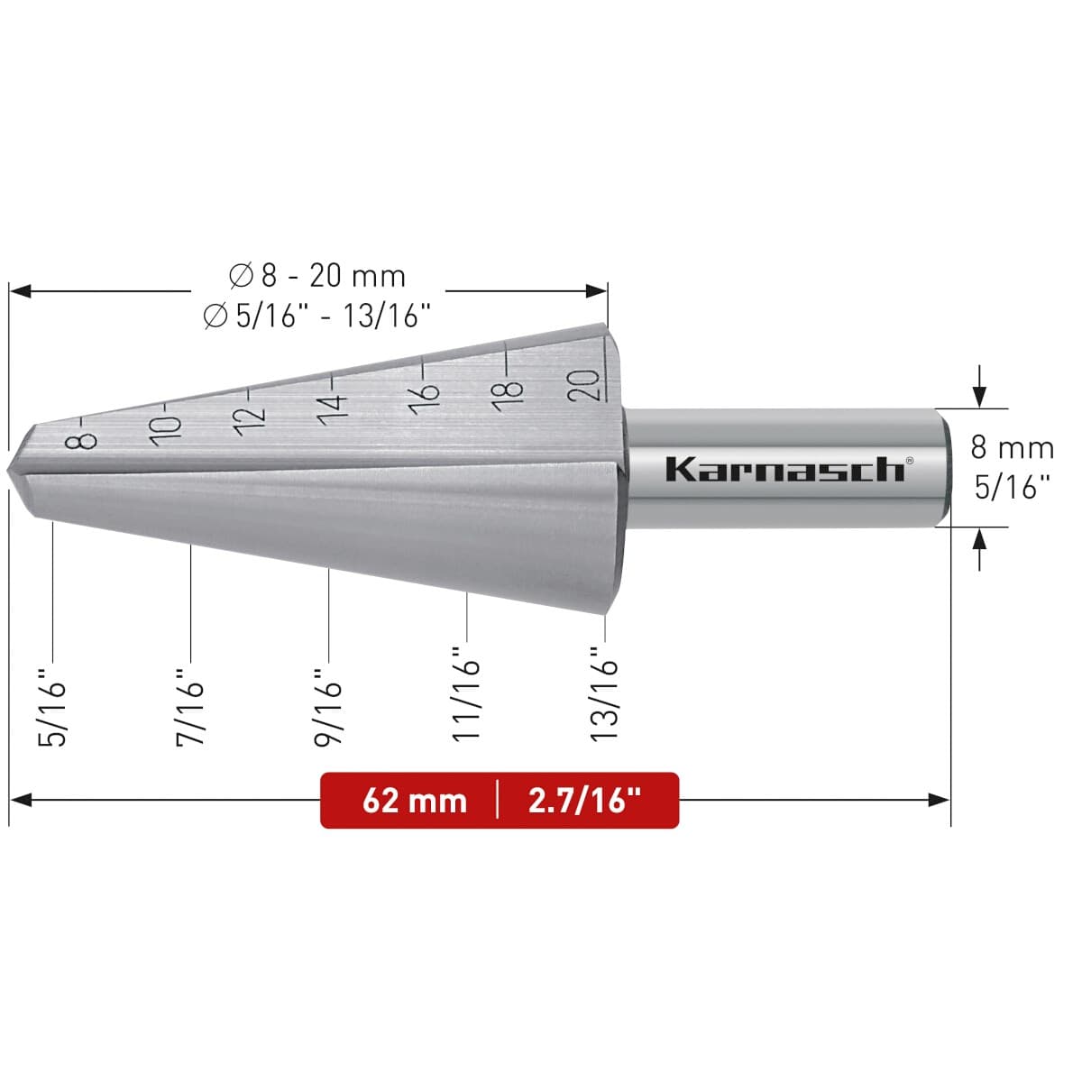 Коническое сверло Karnasch ⌀8-20 мм двухзаходное 21.0040