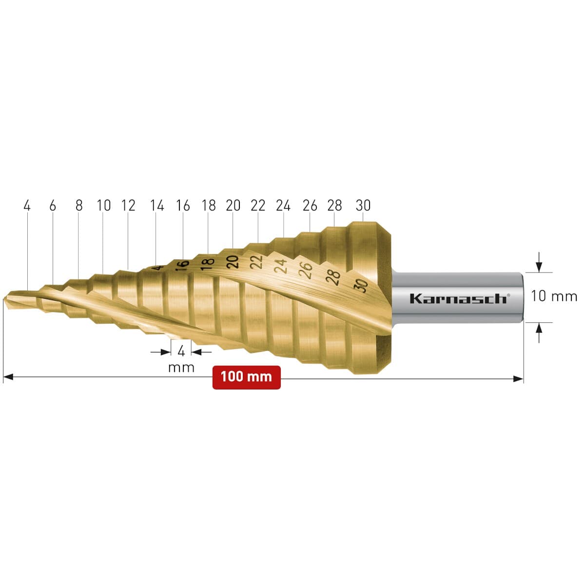 Ступенчатое сверло Karnasch с покрытием TiN-GOLD ⌀6-30 мм трехзаходное 21.3003
