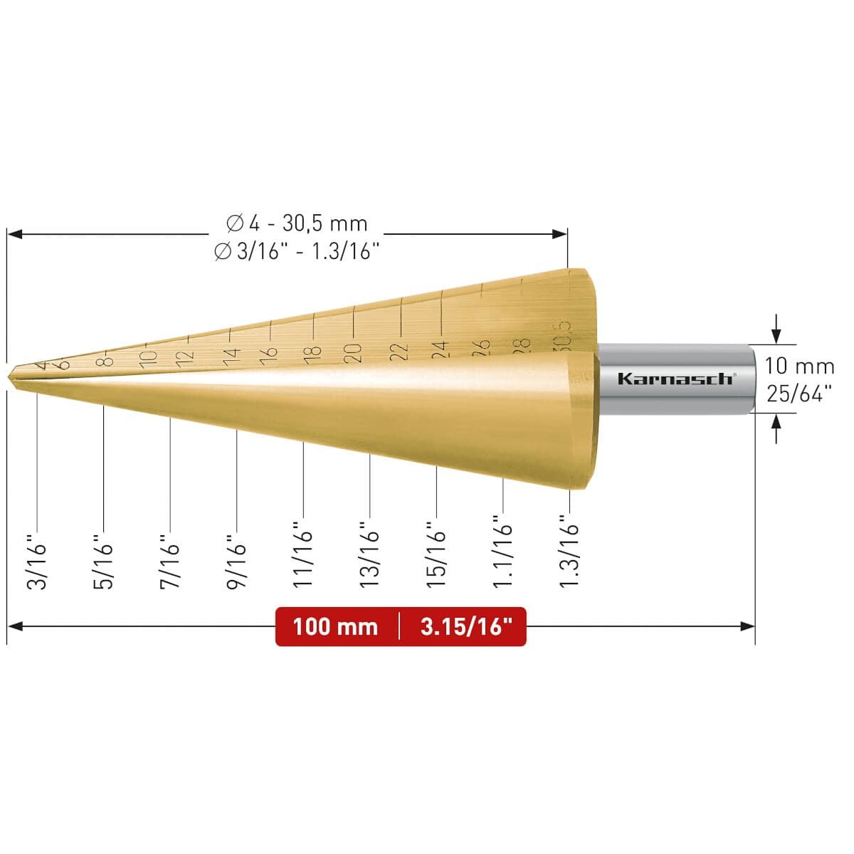 Коническое сверло Karnasch с покрытием TiN-GOLD ⌀4-30,5 мм двухзаходное 21.3015