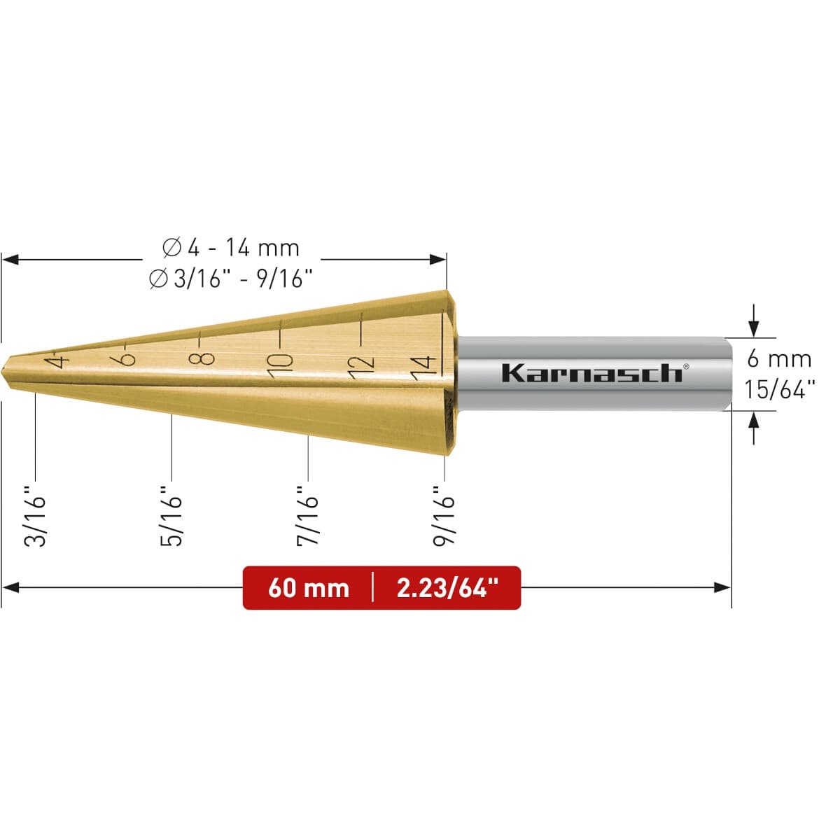 Коническое сверло Karnasch с покрытием TiN-GOLD ⌀3-14 мм двухзаходное 21.3019