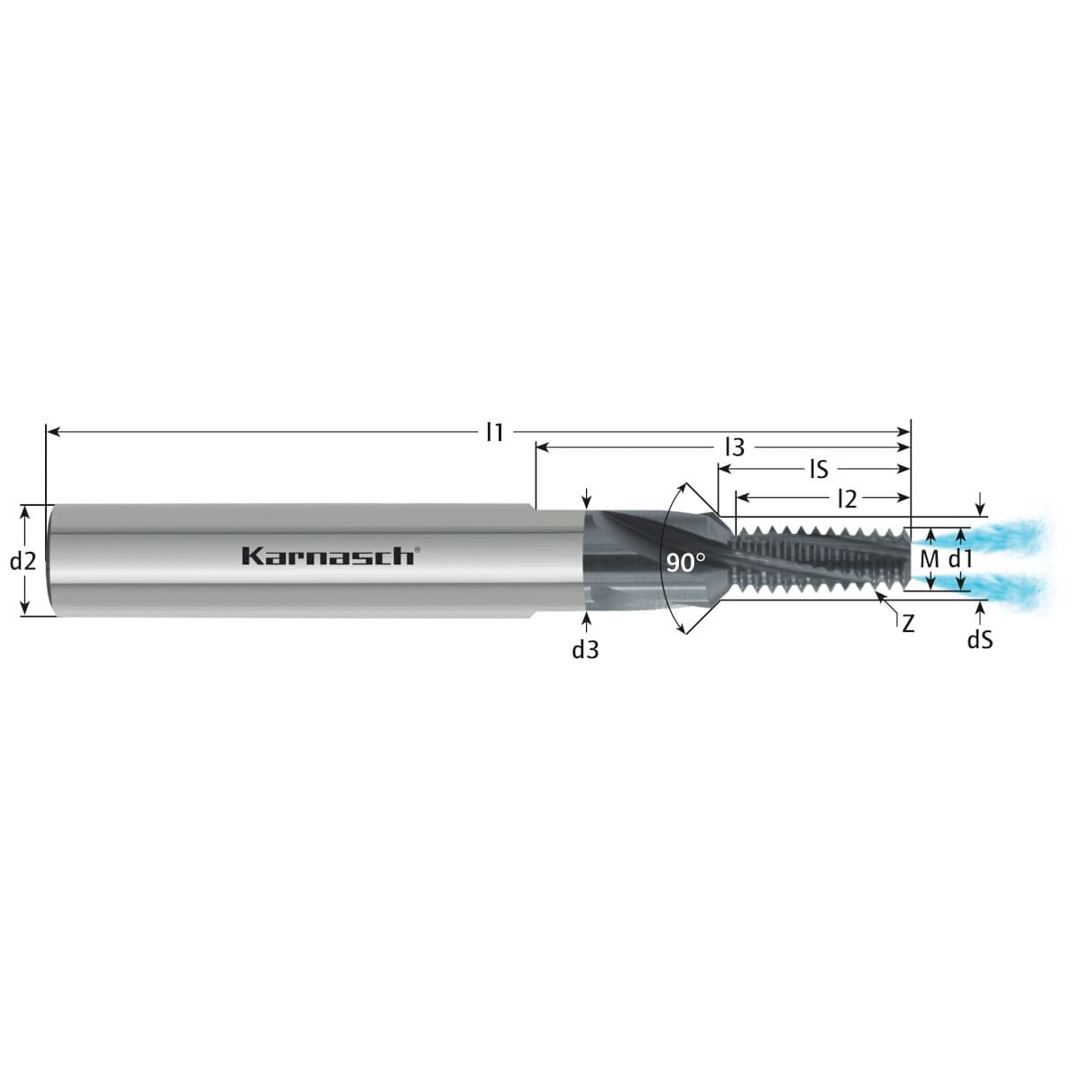 Твердосплавная резьбофреза Karnasch М10x1,5 1,5xD с зенковкой и внутренней охлаждающей жидкостью переменный шаг 23.1812.100